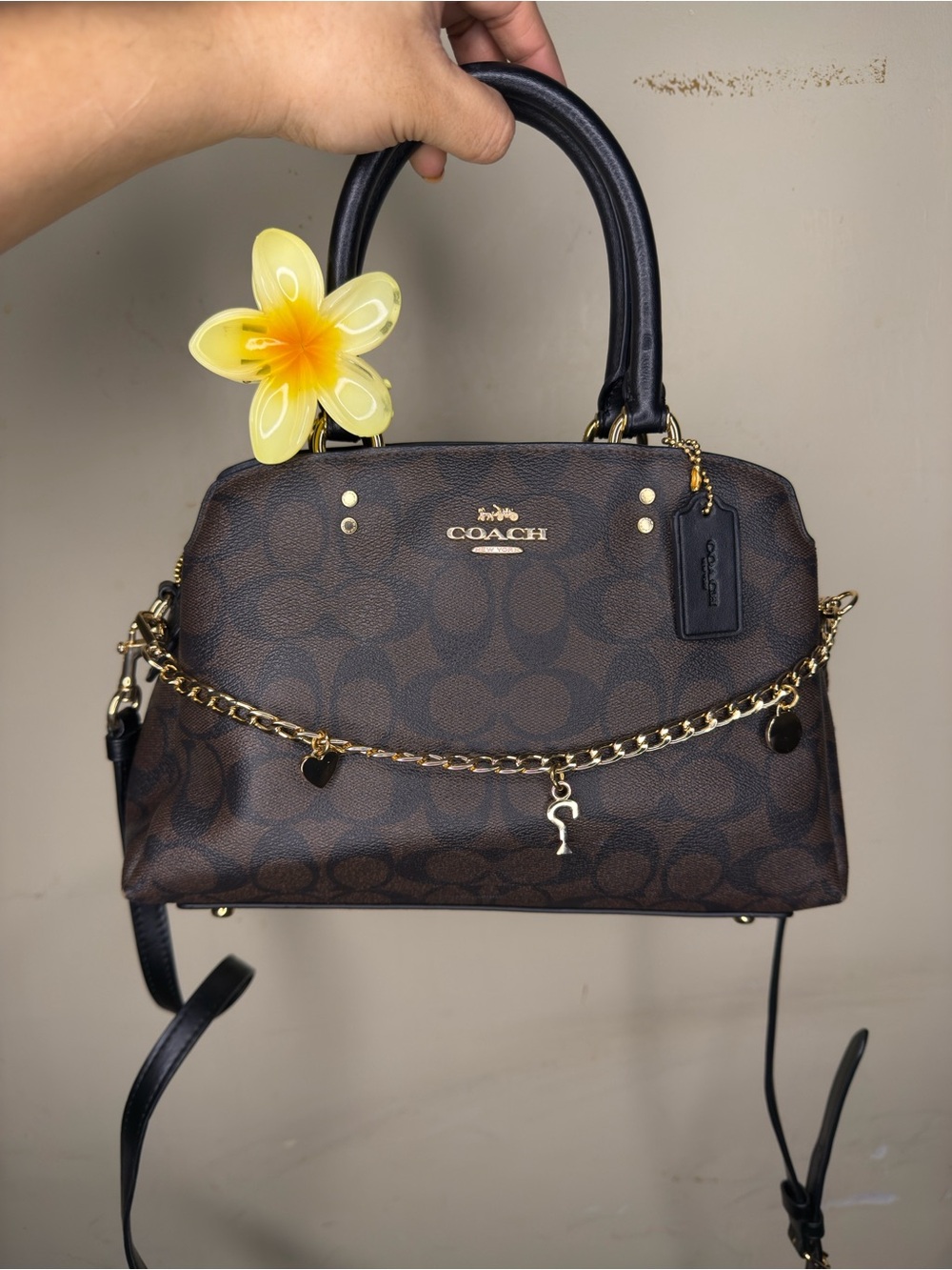 COACH Carryall Brown Monogram Satchel with Gold Chain Charm